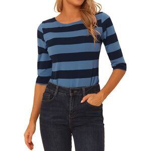 Elbow Sleeves T-shirt Casual Boat Neck Slim Fit Tee Blue